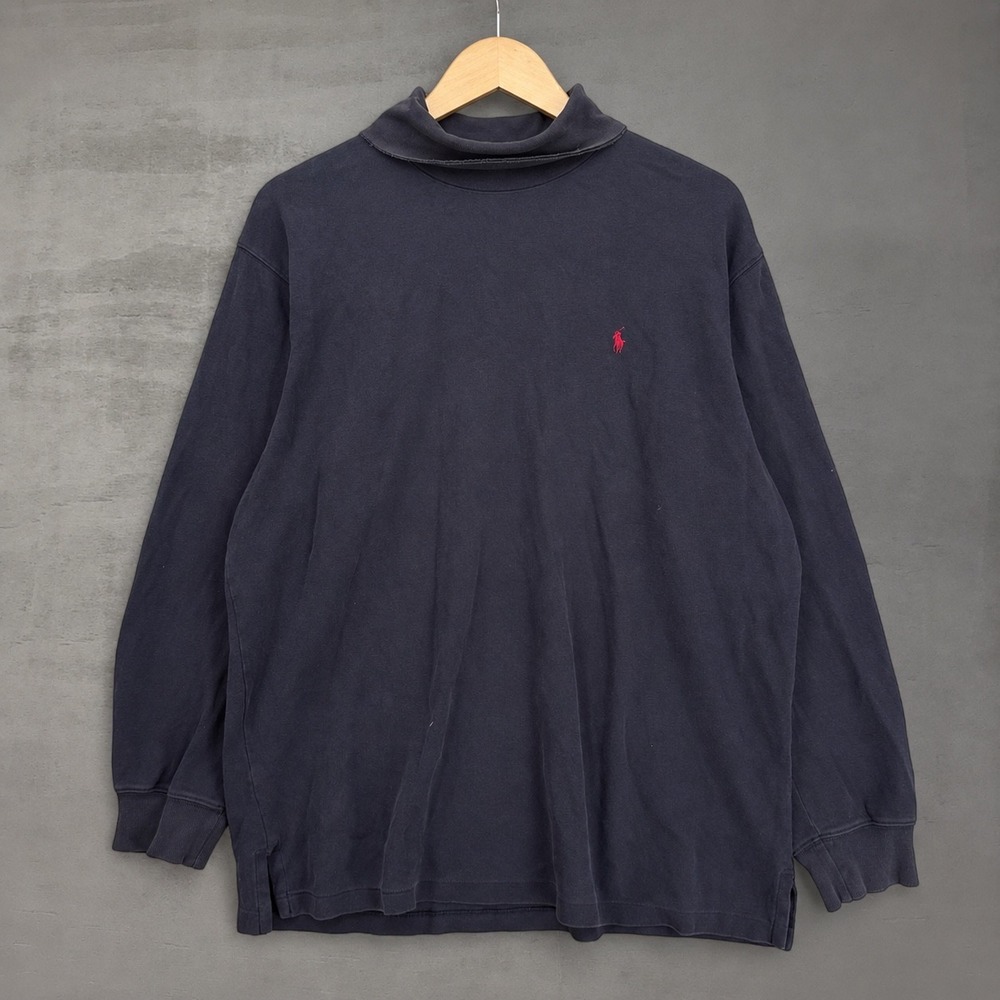 Polo Ralph Lauren Mock Neck‎ Shirt Navy Faded Distressed Pique Long Sleeve Large